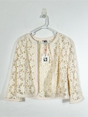 NWT Anne Klein Ivory Floral Lace Open Front Cardigan Shrug Crop Jacket Size 12